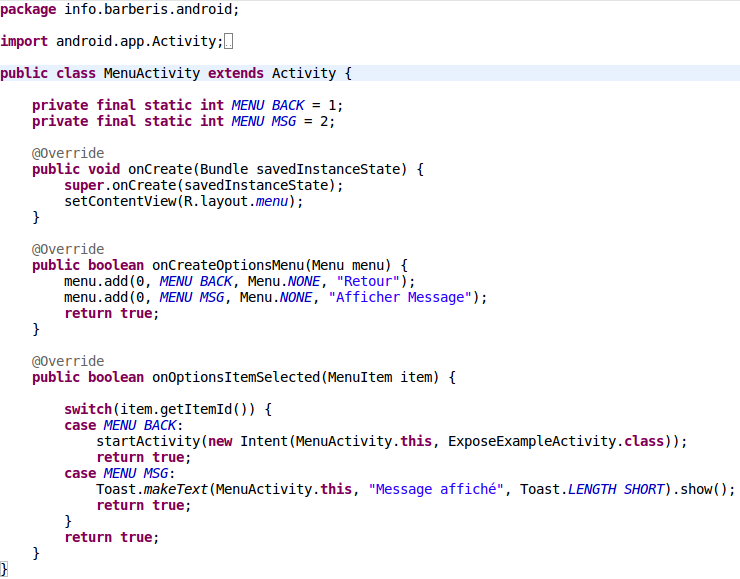 Code pour afficher un menu