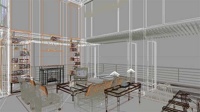 Scène 3D en vue 'fil de fer'