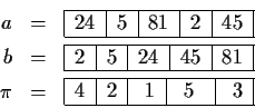 \begin{eqnarray*}a&=&\begin{tabular}{\vert c\vert c\vert c\vert c\vert c\vert}
\...
...ert c\vert}
\hline 4 &2 &\ 1 &\ 5 \, &\ 3 \\ \hline
\end{tabular}\end{eqnarray*}