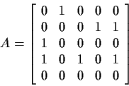 \begin{displaymath}A=\left[\begin{array}{ccccc}
0&1&0&0&0\\
0&0&0&1&1\\
1&0&0&0&0\\
1&0&1&0&1\\
0&0&0&0&0\\
\end{array}\right]
\end{displaymath}