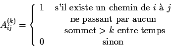 \begin{displaymath}A^{(k)}_{ij}=\left\{\begin{array}{cc}
1 & \mbox{ s'il existe...
...pace entre temps}\\
0 & \mbox{sinon}\\
\end{array} \right.
\end{displaymath}